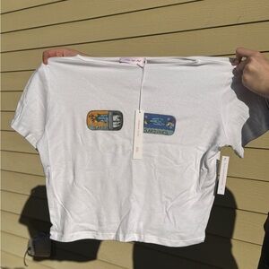 White Lisa Says Gah Alex Baby Tee Graphic T-Shirt with Sardine Can Design